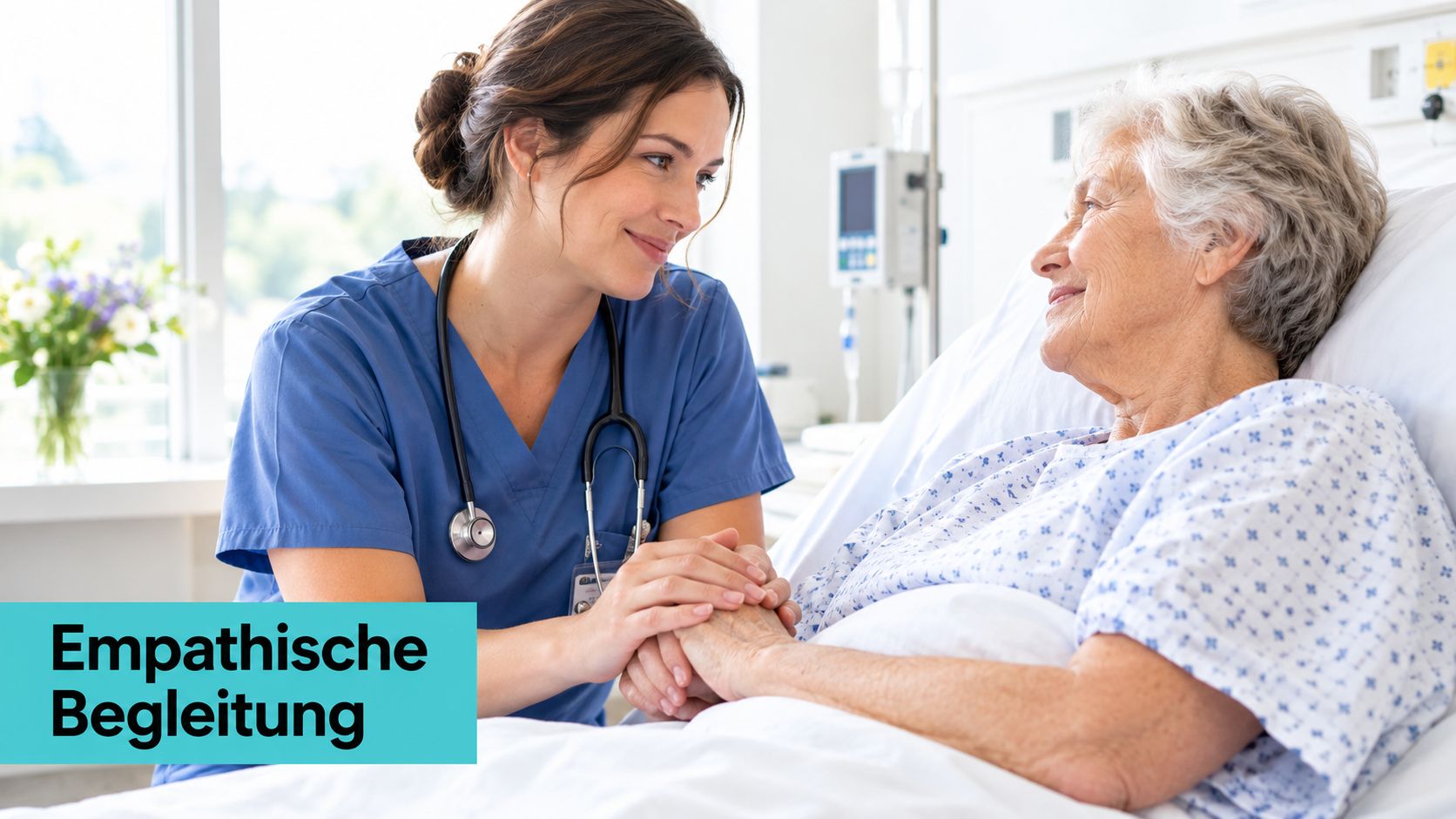 Eine freundliche Krankenschwester hält die Hand einer älteren Patientin, die in einem Krankenhausbett liegt und lächelt.