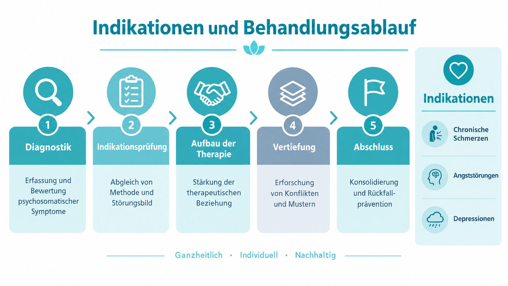 Eine Infografik mit fünf Schritten zum therapeutischen Behandlungsablauf sowie Indikationen für psychotherapeutische Unterstützung.