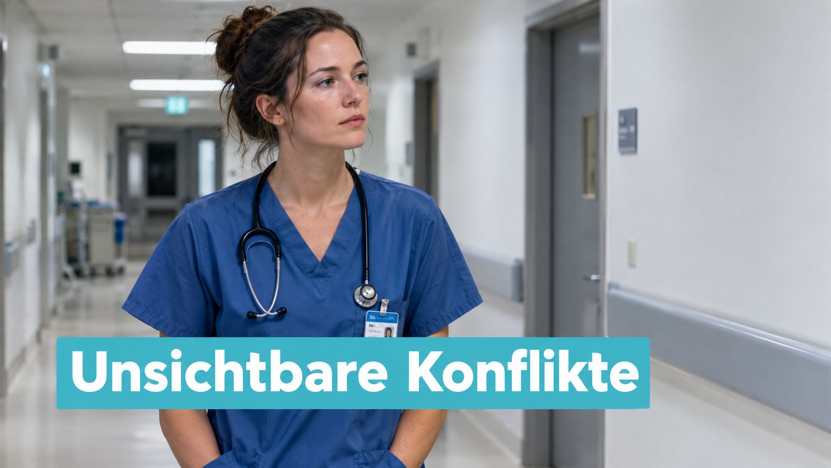Eine junge Krankenschwester mit Stethoskop steht nachdenklich in einem sterilen Krankenhausflur vor dem Text Unsichtbare Konflikte.