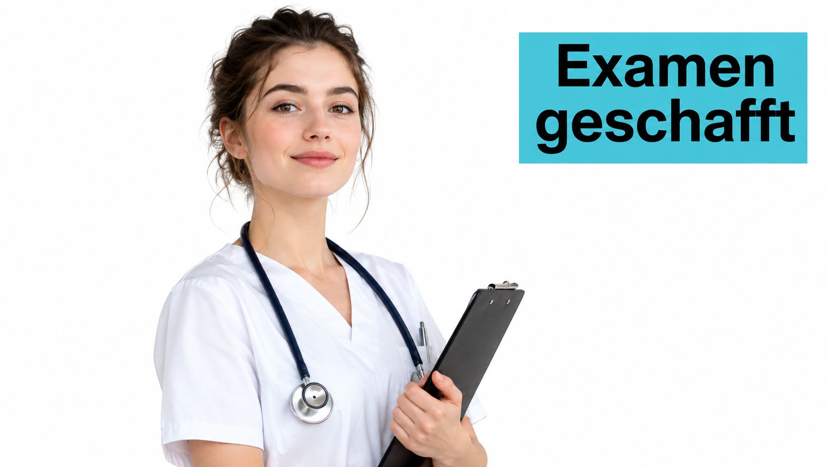 Junge Krankenschwester mit Stethoskop und Klemmbrett feiert erfolgreich bestandenes Examen vor einem weißen Hintergrund.