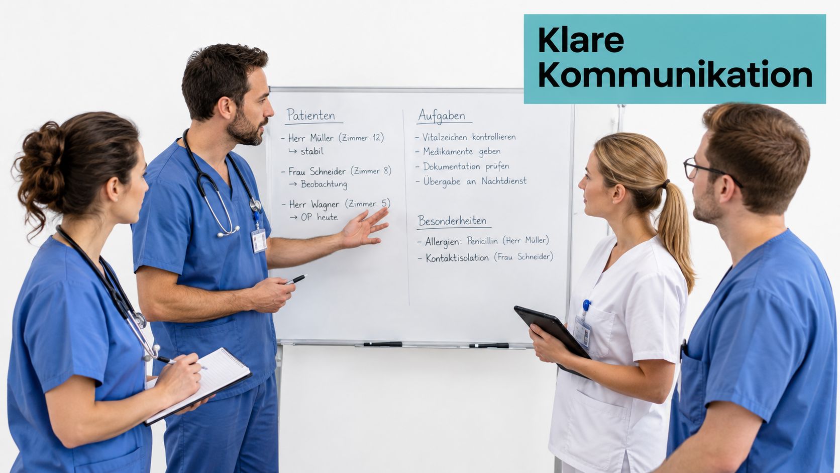 Ein medizinisches Team bespricht gemeinsam Aufgaben und Patientendaten an einem Whiteboard während einer Schichtübergabe im Krankenhaus.