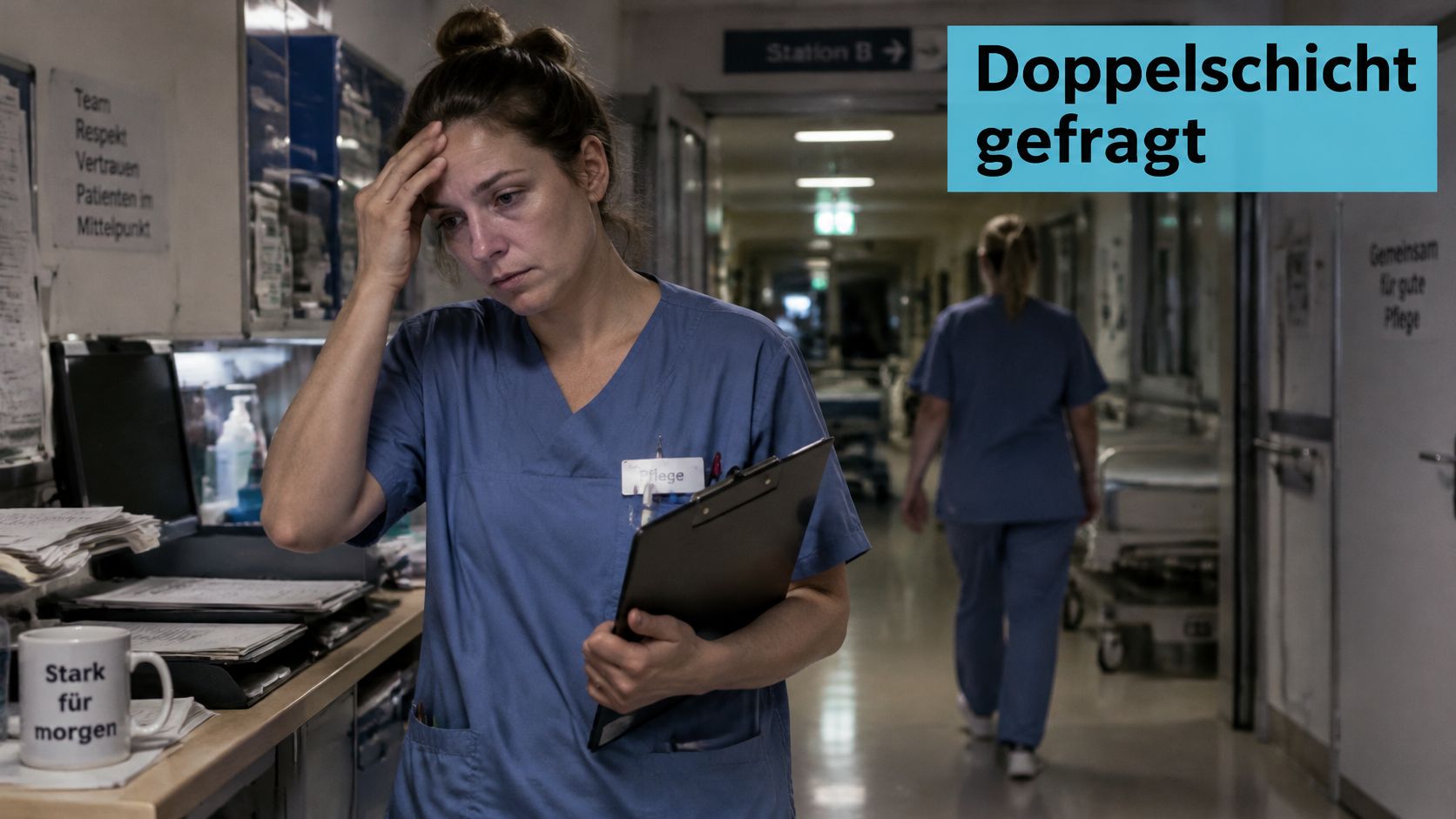 Erschöpfte Pflegekraft in blauer Arbeitskleidung in einem Krankenhausflur, die nach einer langen Schicht gestresst wirkt.