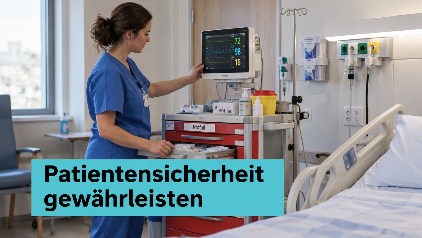Eine Pflegekraft bereitet in einem Krankenhauszimmer einen Notfallwagen vor, während im Hintergrund ein Patientenmonitor wichtige Vitaldaten anzeigt.