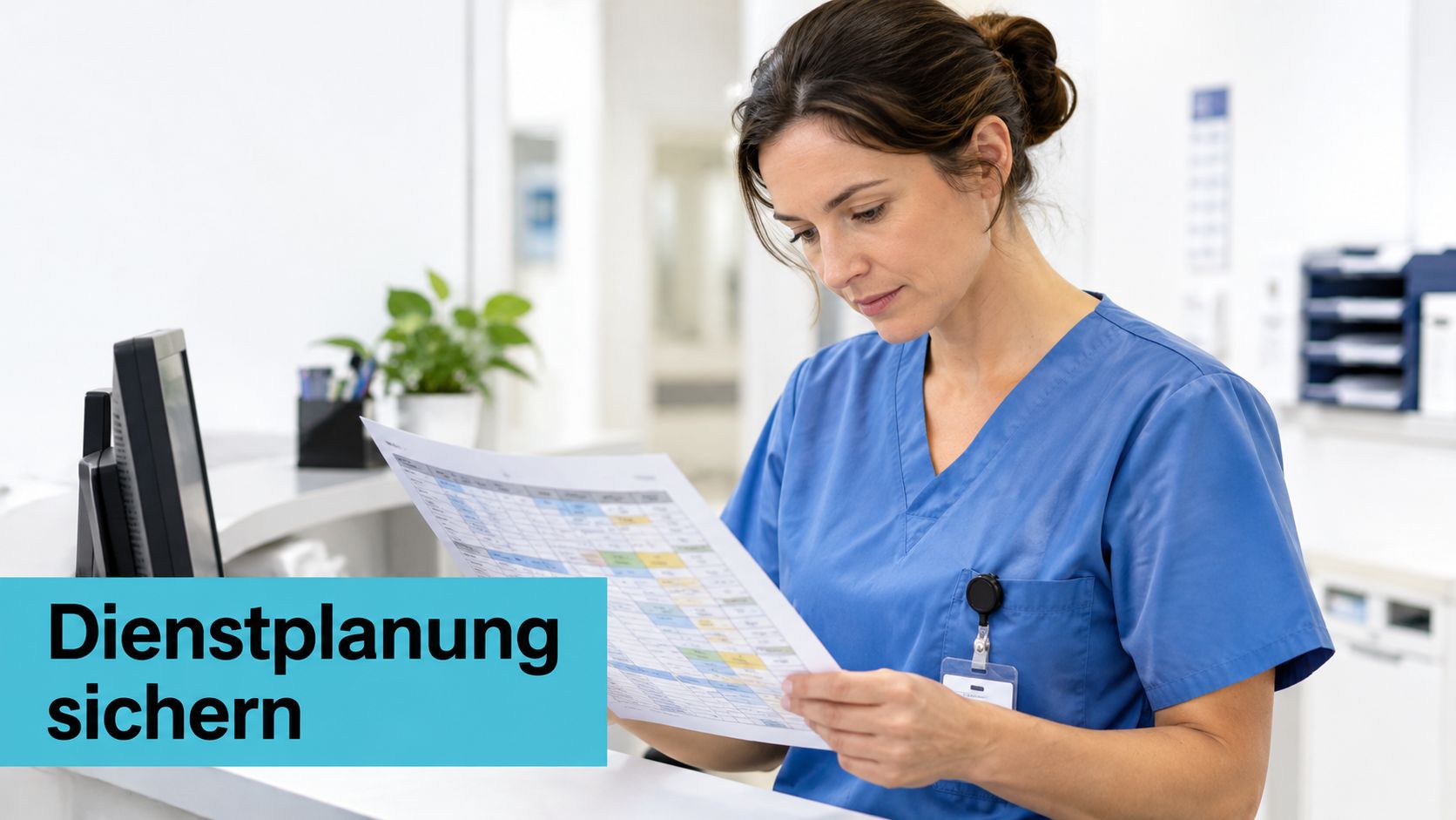 Eine Krankenschwester in blauer Arbeitskleidung betrachtet konzentriert einen ausgedruckten Dienstplan an einem Empfangstresen in einer Klinik.
