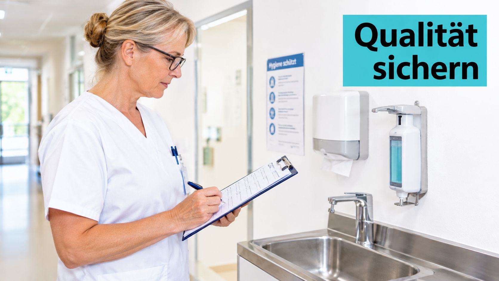Eine weibliche Pflegekraft in weißer Uniform notiert Qualitätsprüfungen auf einem Klemmbrett vor einem Krankenhauswaschbecken.