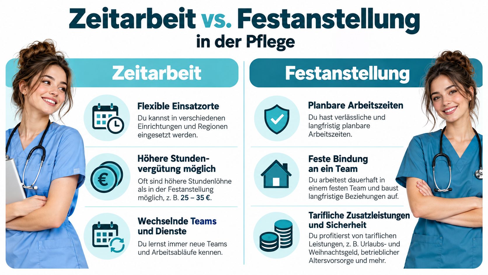 Vergleich zwischen Zeitarbeit und Festanstellung in der Pflege mit Vor- und Nachteilen für medizinisches Personal.