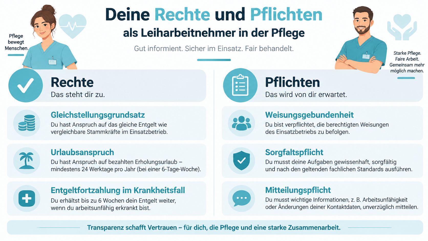 Infografik über Rechte und Pflichten für Leiharbeitnehmer in der Pflege mit erklärenden Symbolen und Text.