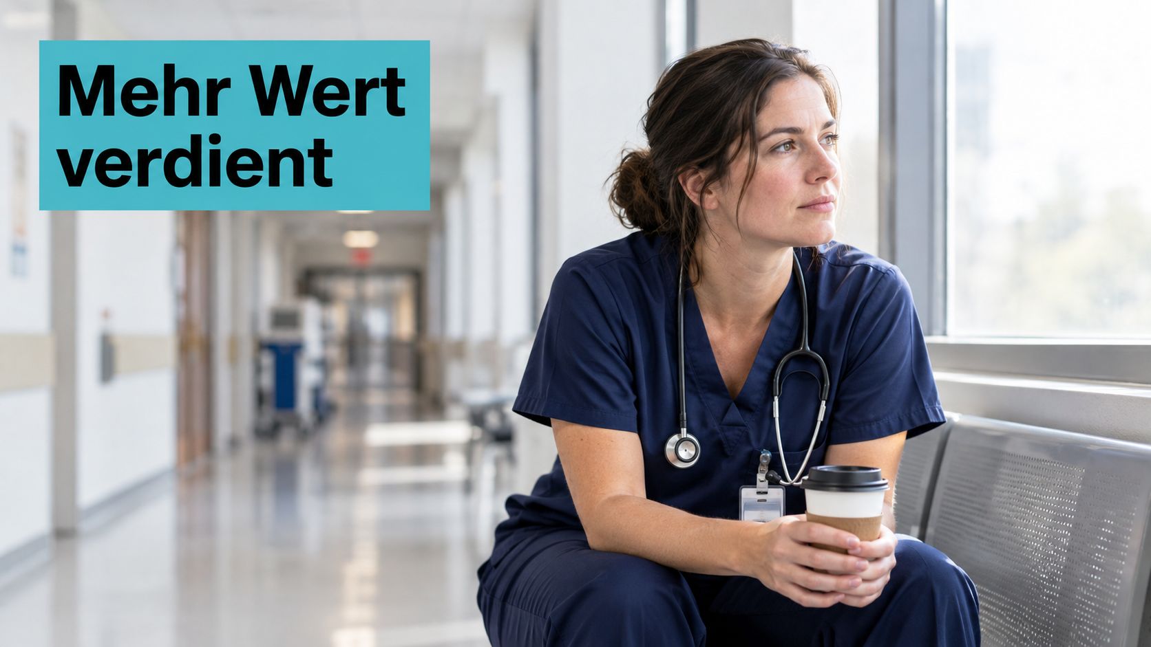 Eine erschöpfte Krankenschwester in Arbeitskleidung macht eine Kaffeepause und blickt nachdenklich aus einem Krankenhausfenster im Flur.
