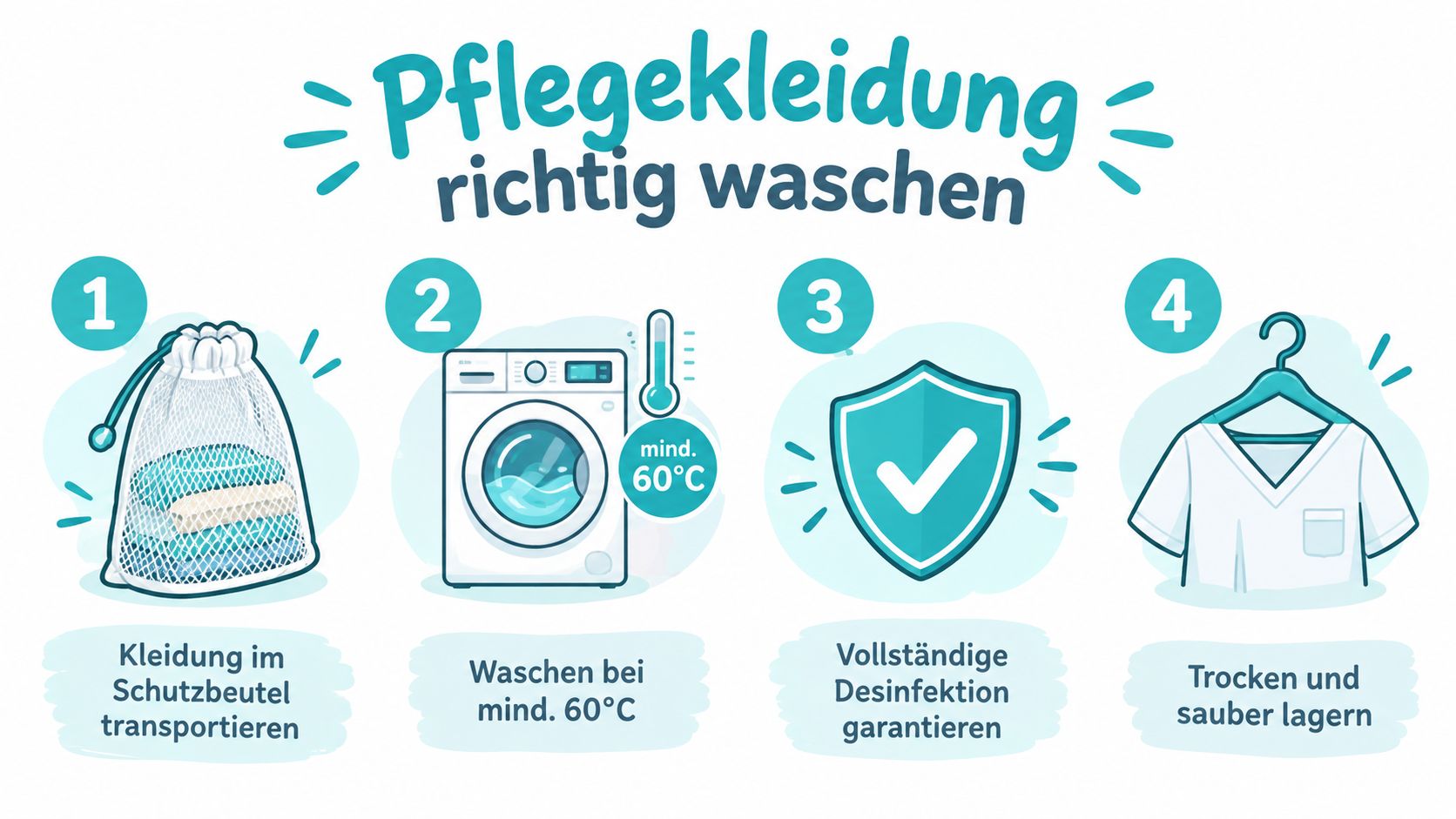 Eine Infografik mit vier Schritten zur hygienischen Reinigung und Aufbewahrung von Arbeitskleidung in der Pflege.
